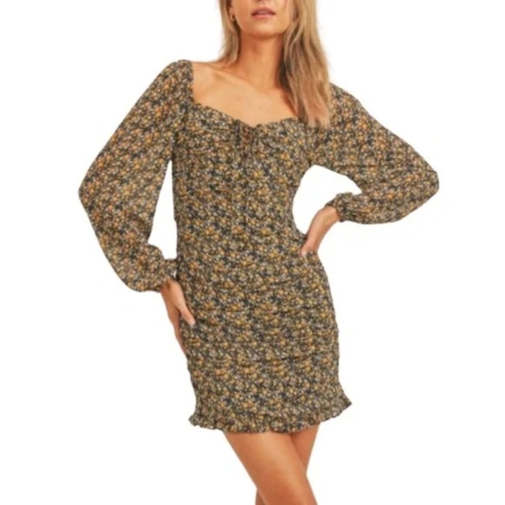 Lush Black and Yellow Floral Ruched Mini Dress- Large